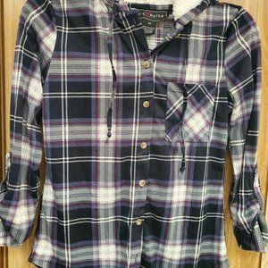 Polly & Esther Women's Junior Fit Plaid Faux Fur Trimmed Flannel Hoodie XS